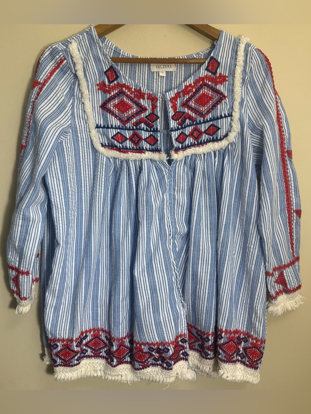 Velzera Blue & White Striped Embroidered Boho Top with Red Accents